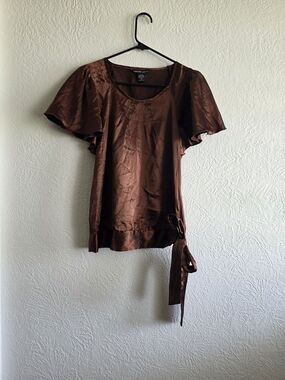 Earthy Brown Satin Short-Sleeve Wrap Blouse